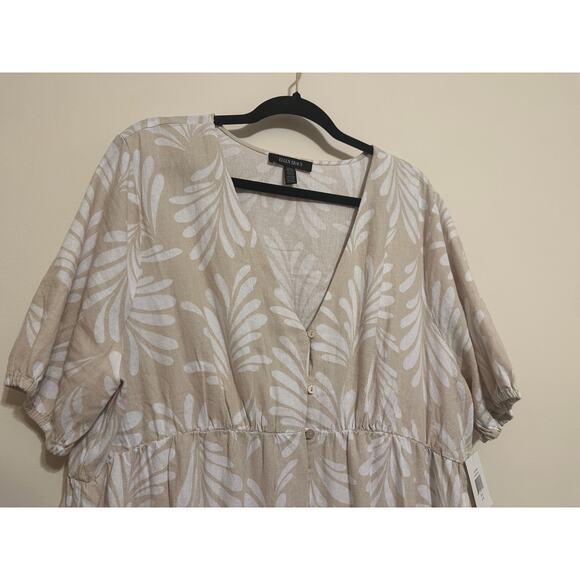 Ellen Tracy Tiered Linen Blend Dress - Linen Leaf Pattern - Picture 7 of 9